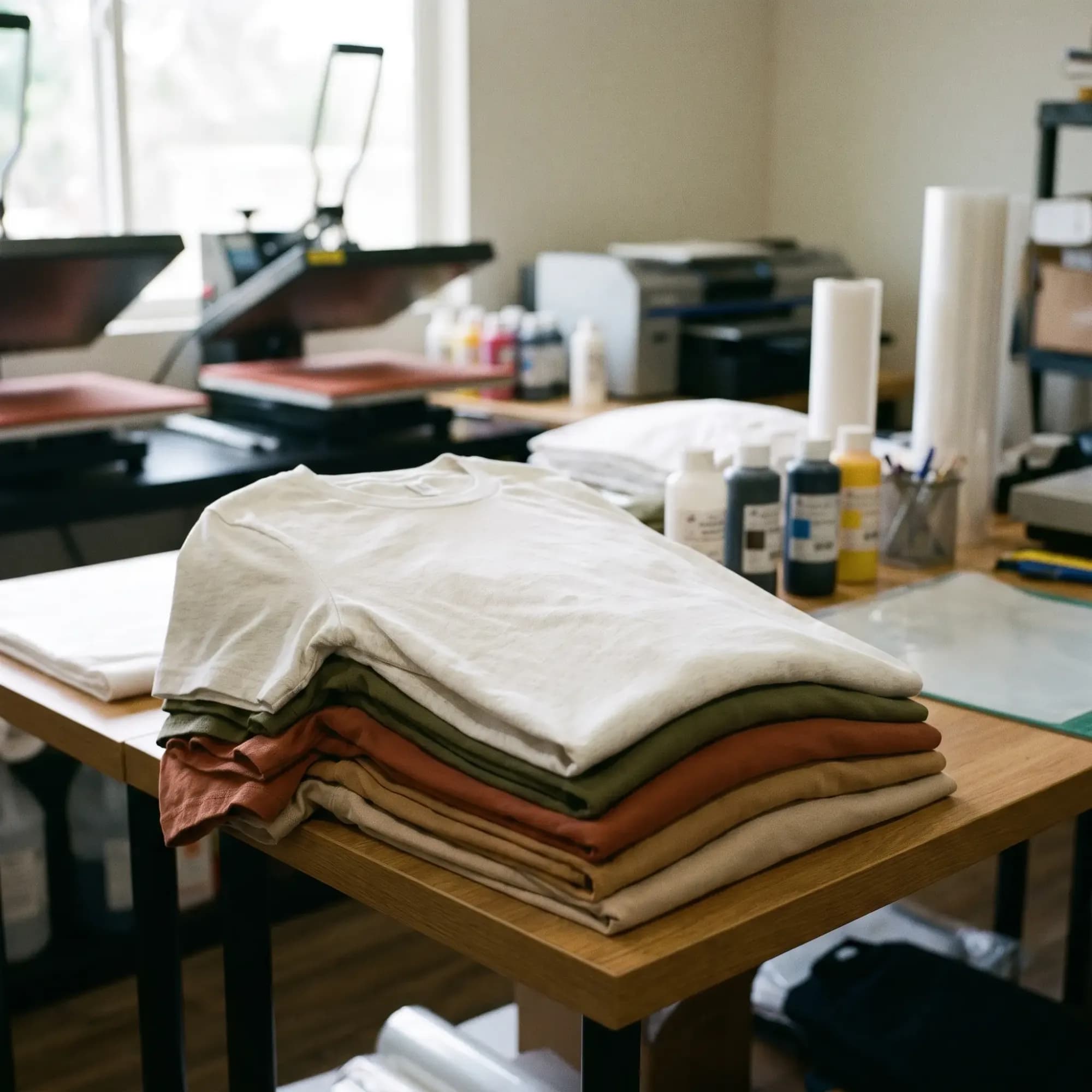 Prendas en blanco apiladas sobre la mesa del taller, con las planchas y las tintas detrás.