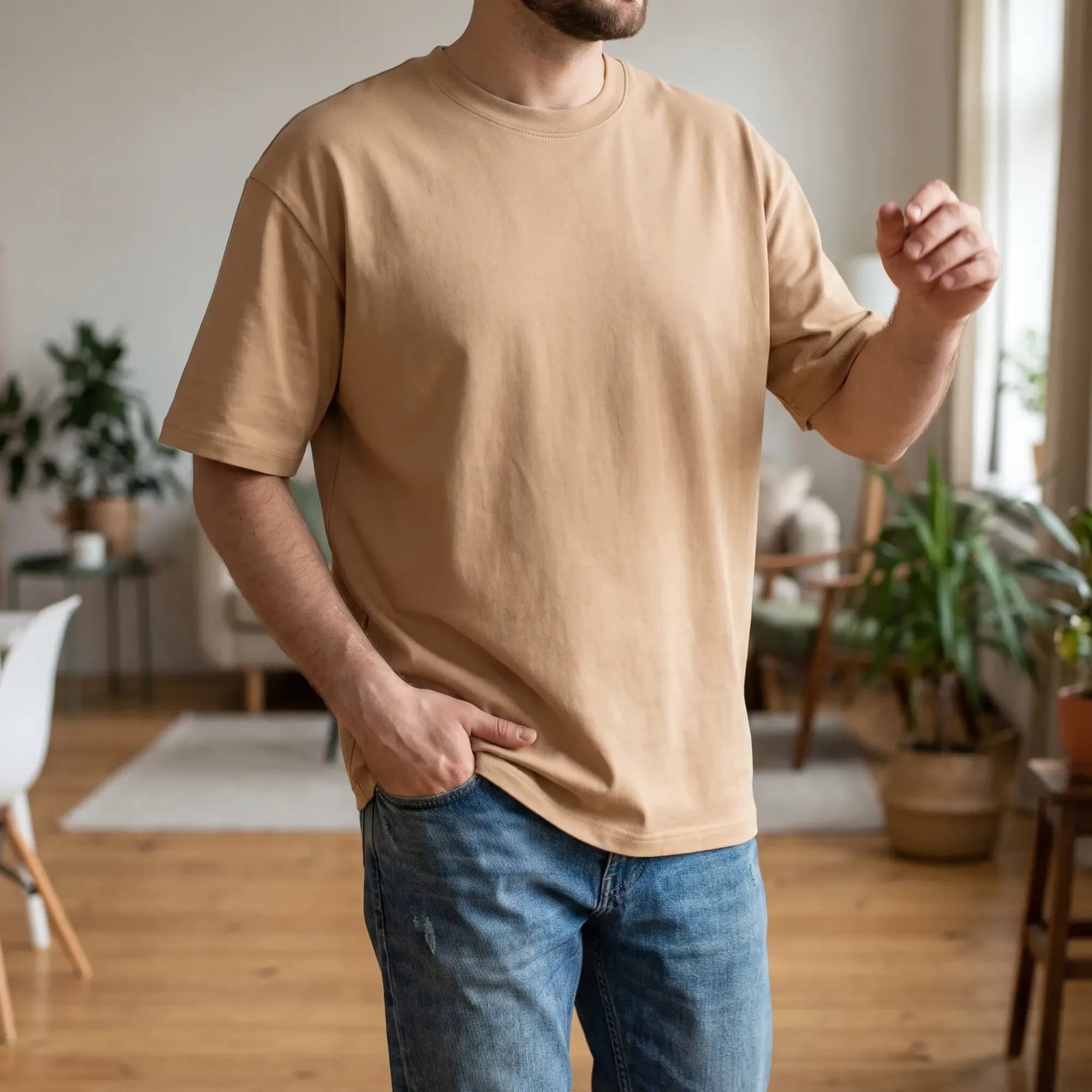 Alguien con una camiseta beige oversize puesta, en su casa.